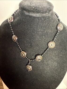 Gold and Black Beaded Medallion Necklace - Women Jewelry